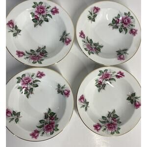 4 Vintage Noritake Japan LINDA China Rim Soup Bowls Floral Rose Gold Trim